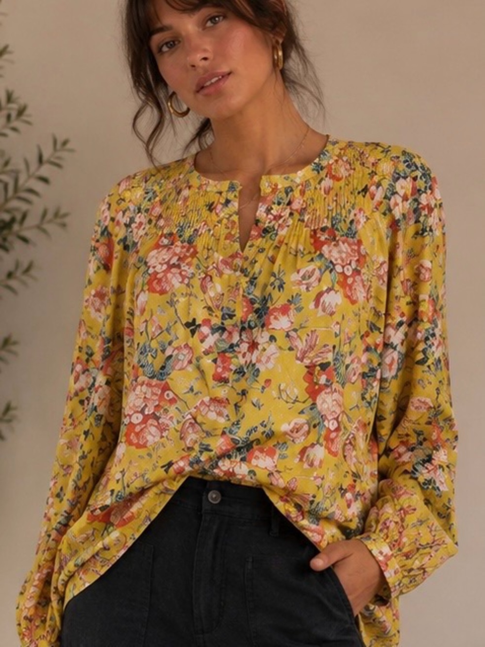 J. Crew Yellow liberty Floral long sleeve popover blouse 100% cotton size 6